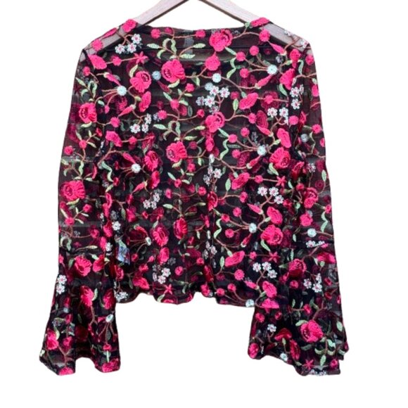 Shein Black Sheer Top XL Embroidered Red Roses Bell Sleeve Romantic Coquette - Picture 2 of 10